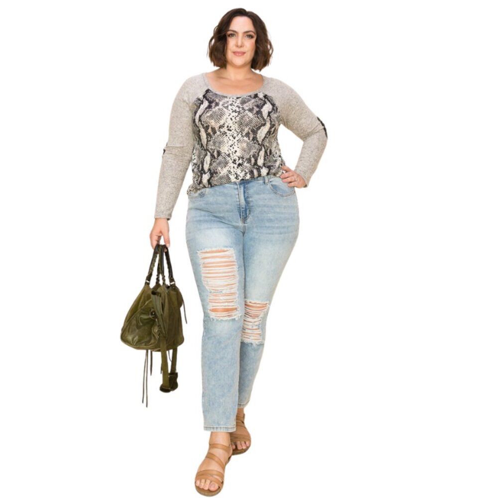Plus Size Snake‎ Print Sequins Elbow Patch Top by A.Gain